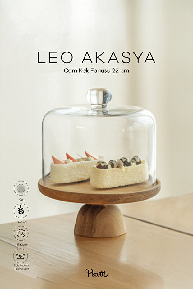 Acacia Wood Cake Stand with Glass Dome - 22 Cm Diameter