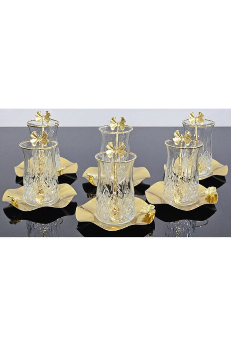Professional Turkish Odin Tea Glass Set - 6 Person 18 Piece with Metal Saucers & Butterfly Spoons - 1 Set