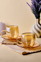 Amber Double-Walled Glass Coffee Cup Set - 90ml x 2 (4 Pieces)