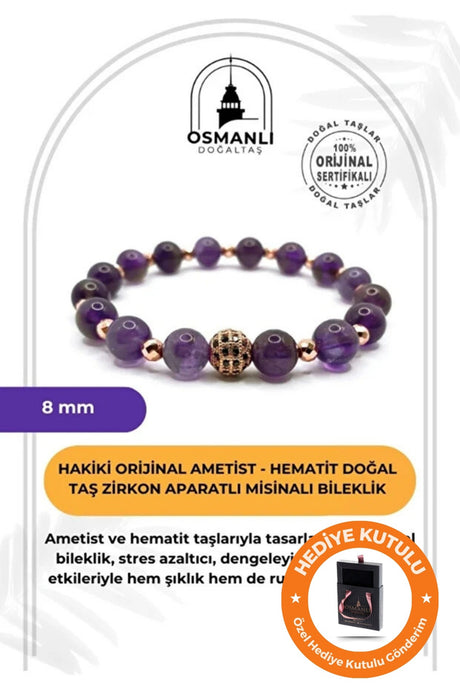 Amethyst Hematite Natural Stone Bracelet with Zircon Accent - 8mm Beads
