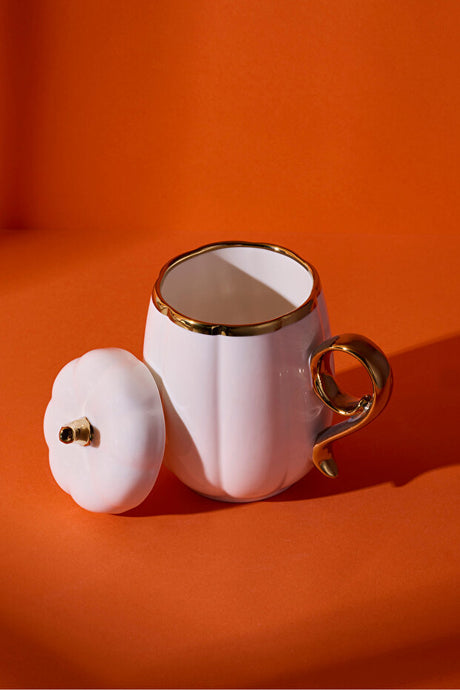 Porcelain Pumpkin Mug with Gold Handle & Lid - 12x8.5x13.8 cm