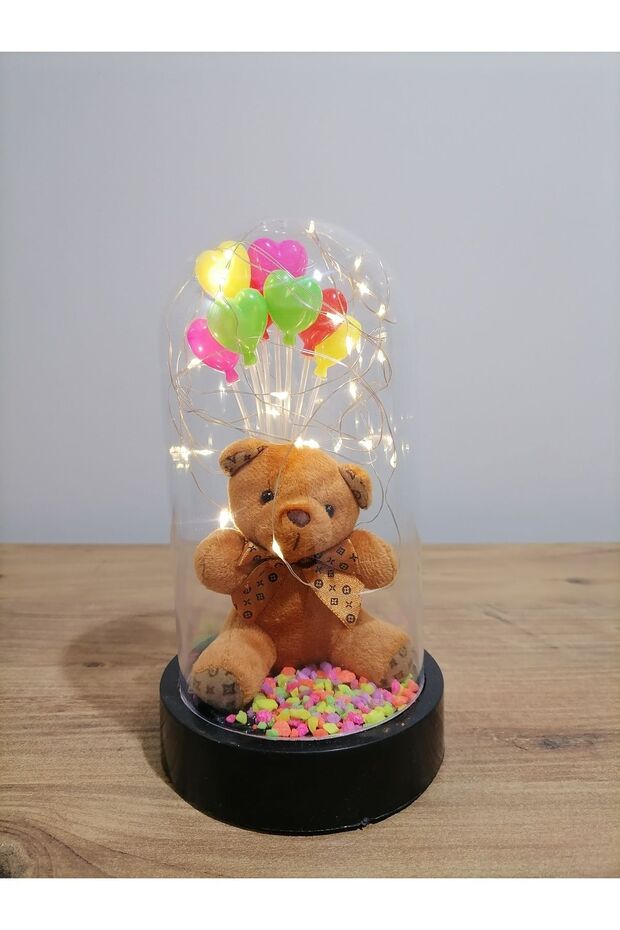 Illuminated Teddy Bear & Heart Balloons Glass Dome