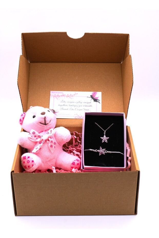 Pink Lotus Silver Necklace, Bracelet & Teddy Bear Gift Set