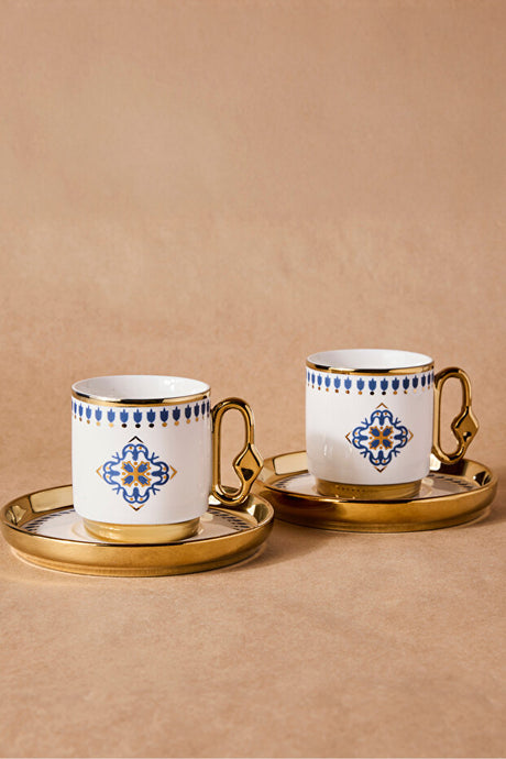 Porcelain Coffee Cup Set with Blue Tile Pattern - Serves 2