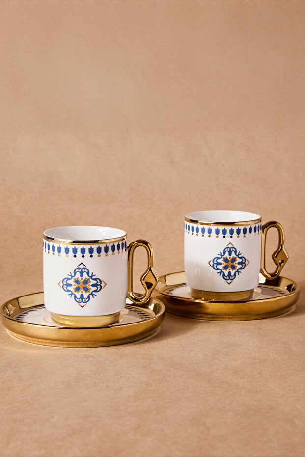 Porcelain Coffee Cup Set with Blue Tile Pattern - Serves 2
