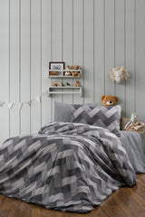 Single Duvet Cover Set - Striped Grey, 3-Piece with Fitted Sheet