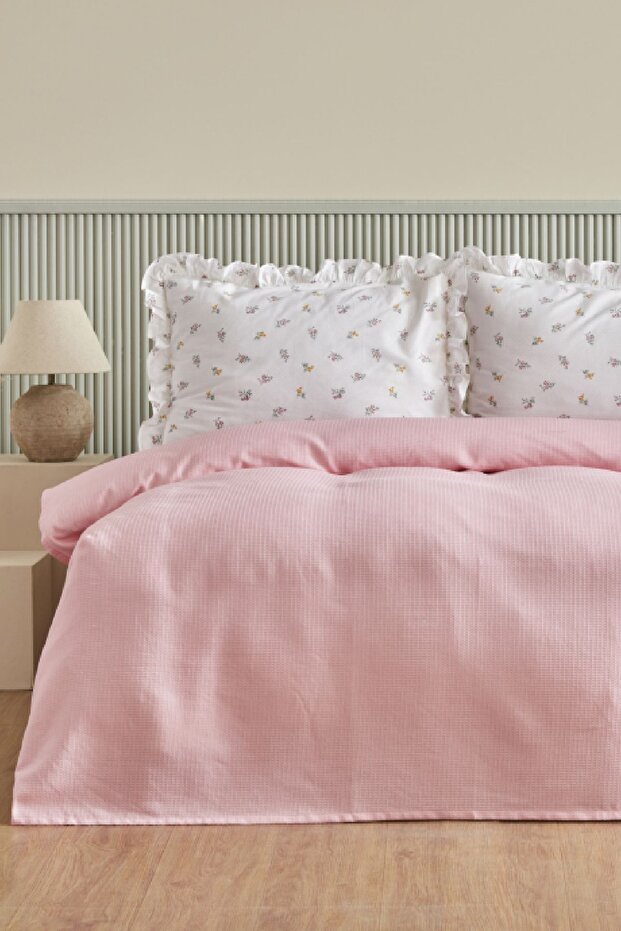 Lidya 100% Cotton Double Pike Set - Powder Pink with Ruffles