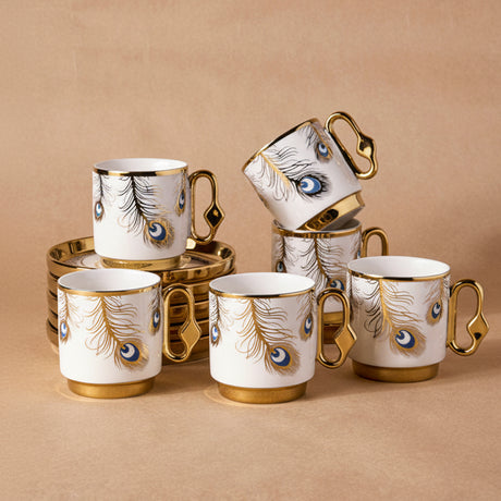 Porcelain Peacock Pattern Coffee Cup Set for 6 People