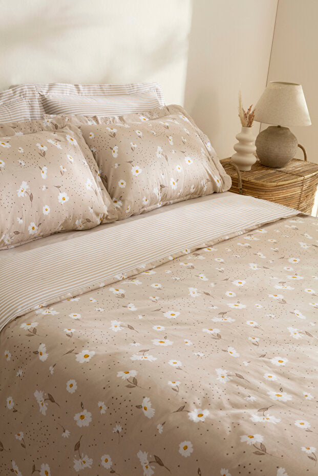 Daisy 100% Cotton Double Duvet Cover Set - Beige, 4-Piece