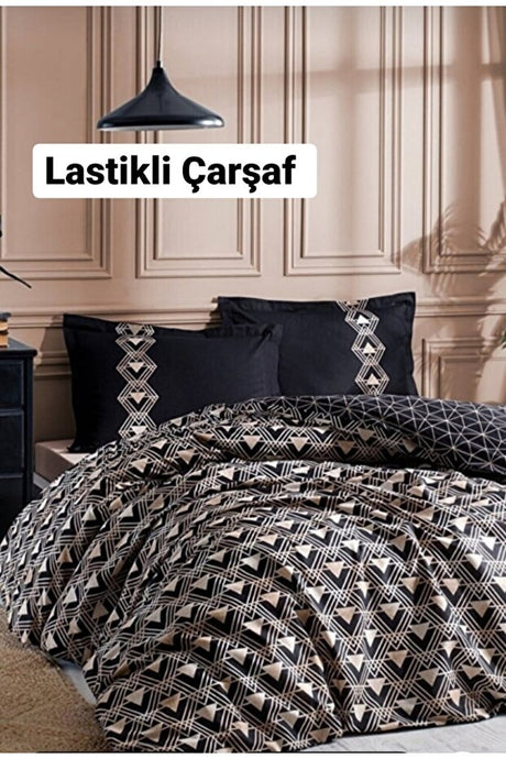 Double Fitted Sheet Duvet Cover Set - Ouro Black Geometric