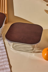Square Glass Food Storage Container - 800ml with Wood Lid