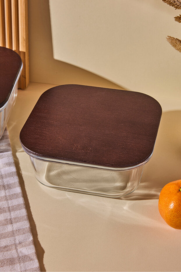 Square Glass Food Storage Container - 800ml with Wood Lid