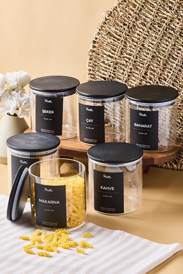 6-Piece 750ml Glass Storage Jars with Black Wooden Lids