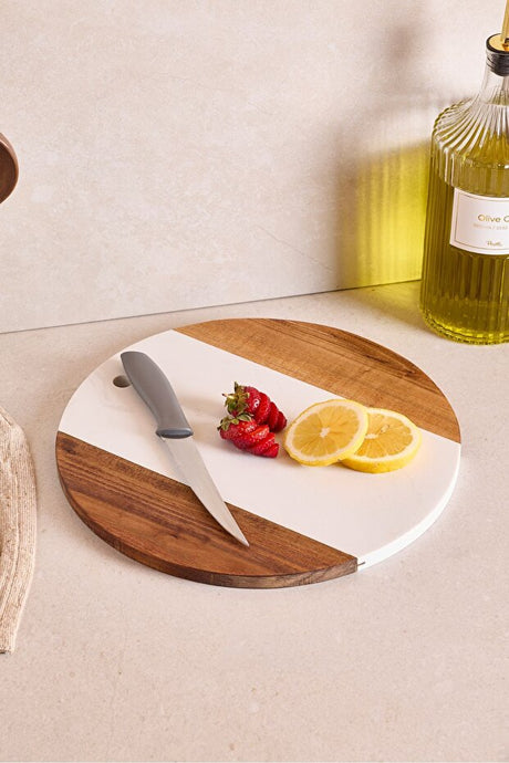 Round Acacia Wood & White Marble Design Cutting Board - 30 cm