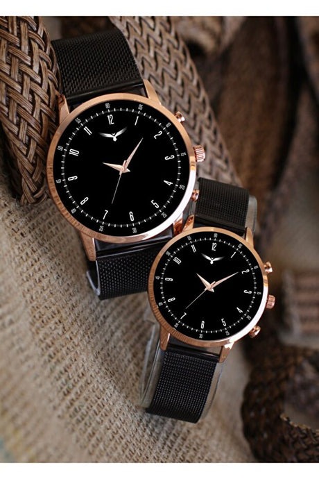 Black Mesh Strap Rose Gold Couple Watches - Analog Pair