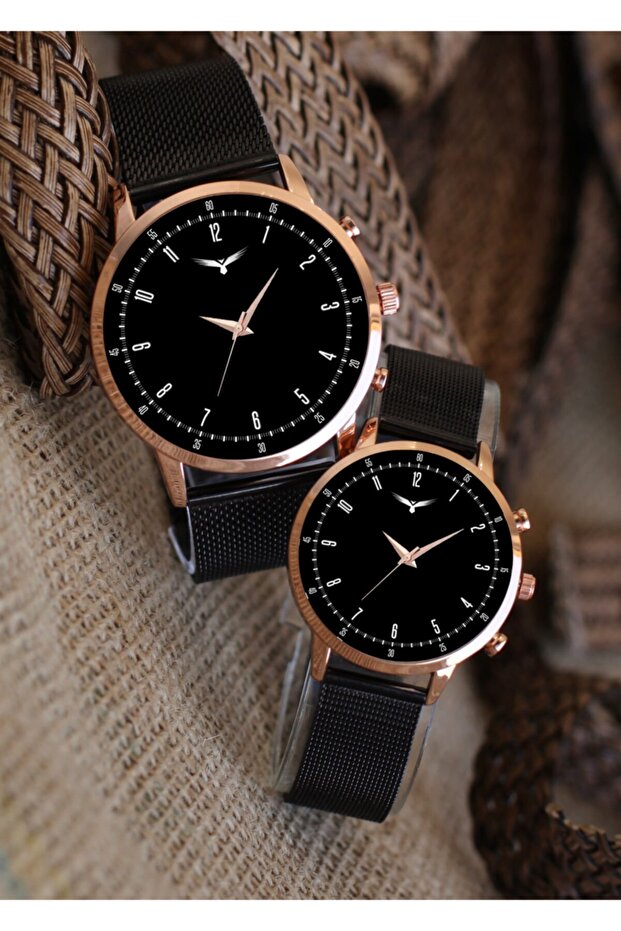 Black Mesh Strap Rose Gold Couple Watches - Analog Pair