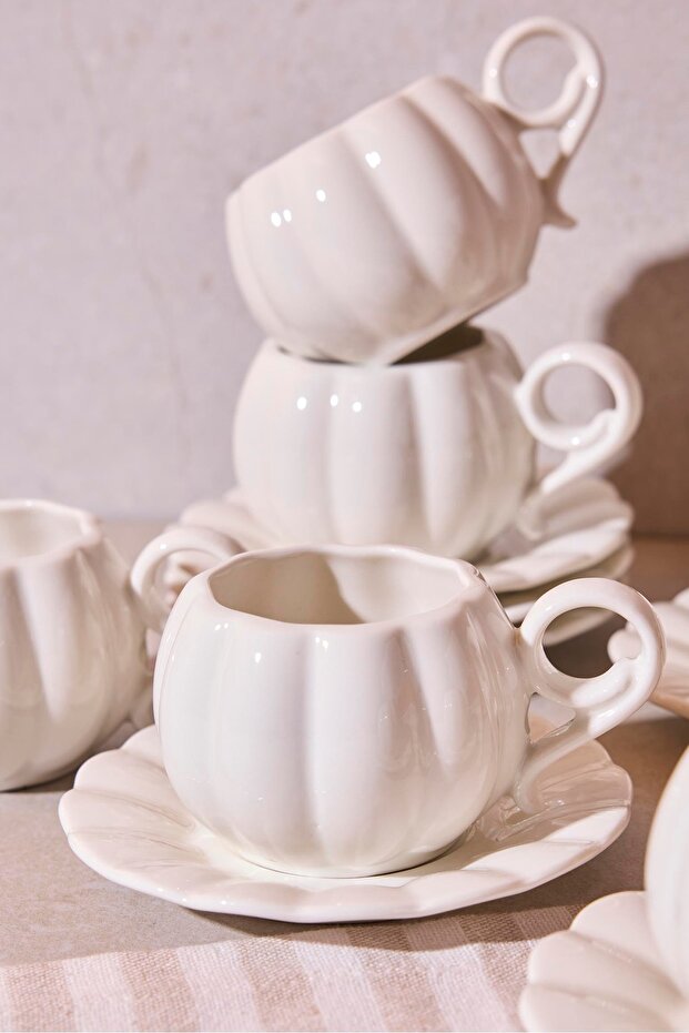 Pumpkin Ribbed Porcelain Coffee Cup Set - 6 Cups & Saucers