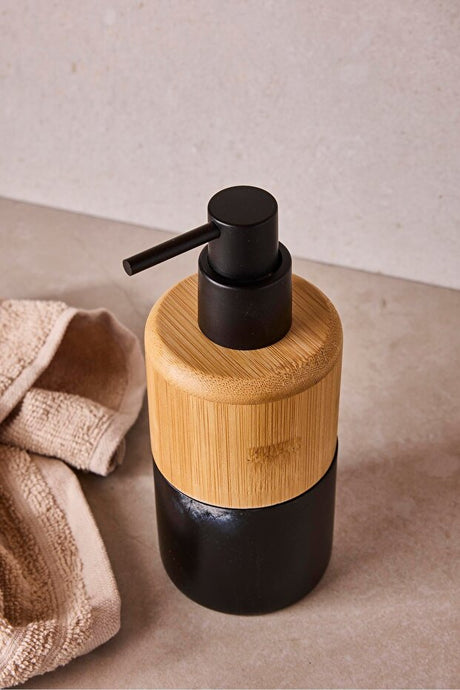 Black & Bamboo Modern Liquid Soap Dispenser for Bathroom