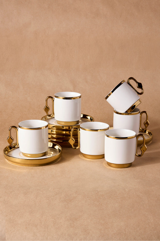 Gold Porcelain Coffee Cup & Saucer Set - 6 Person