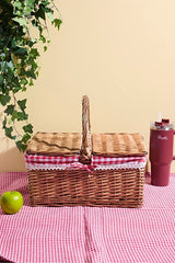 Handwoven Wicker Picnic Basket - Red Gingham Lining, 28x20 cm