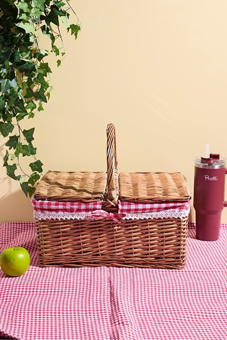 Handwoven Wicker Picnic Basket - Red Gingham Lining, 28x20 cm