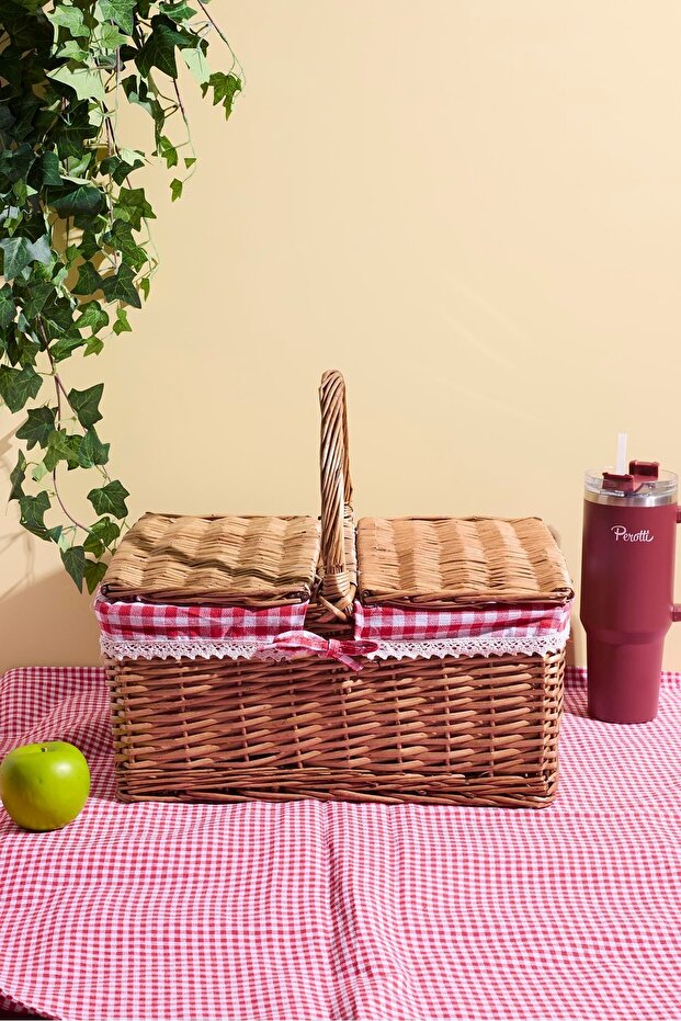 Handwoven Wicker Picnic Basket - Red Gingham Lining, 28x20 cm