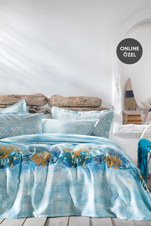 Aquamarine Single Pique Set - Turquoise 3-Piece Bedding