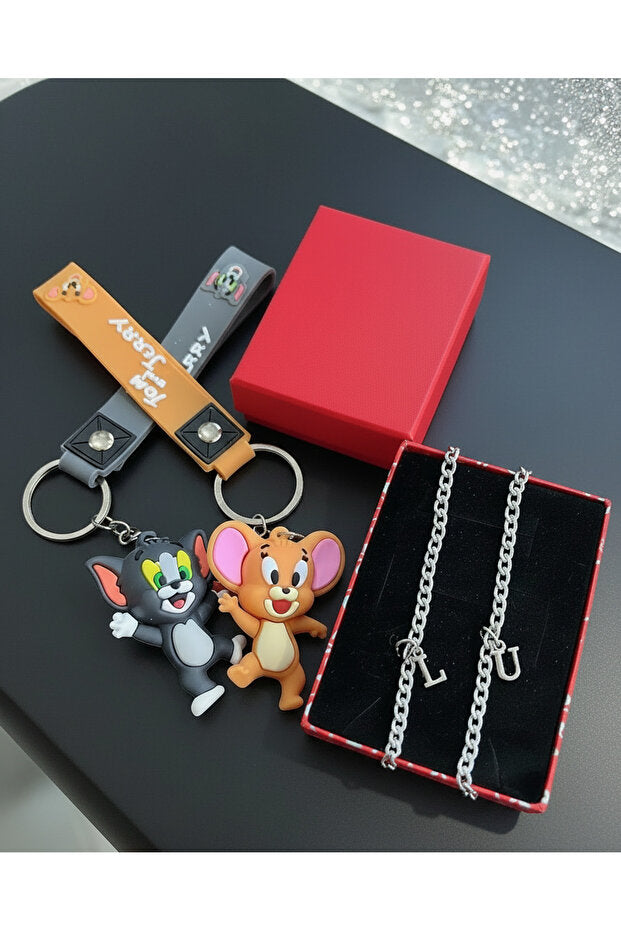 Letter Steel Couple Necklaces & Tom & Jerry Keychains Gift Set