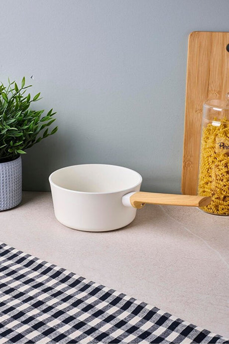 16 cm Beige Ceramic Coated Induction Saucepan with Wood Handle