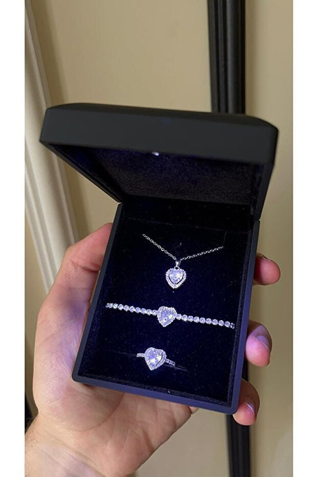 Lighted Box Heart Steel Jewelry Set - Necklace, Ring, Bracelet