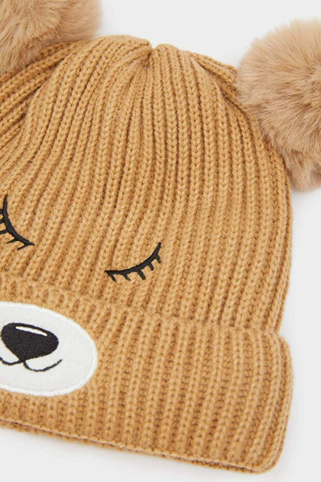 Baby-Bär-Gesicht Strickmütze - Fleece-Futter, Pompons