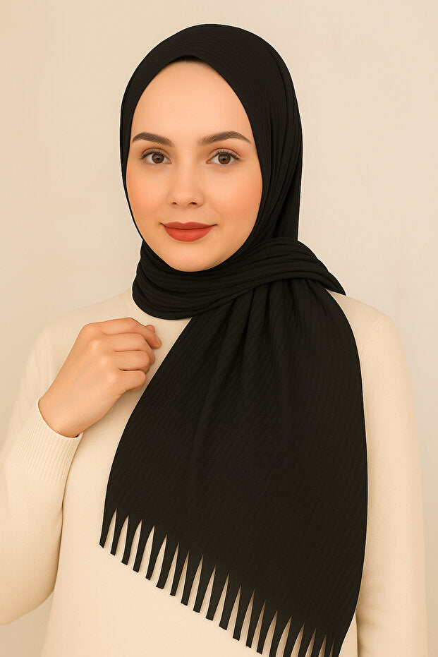 Ready Pleated Shawl - Black, Easy-Wear & Wrinkle-Free