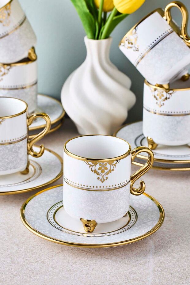 Ottoman Porcelain Coffee Cup Set with Gold Details - 6 Person