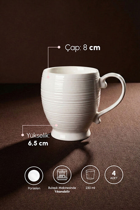 Pure Line White Porcelain Ribbed Mug Set - 4-Piece, 230ml Each