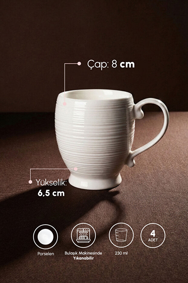 Pure Line White Porcelain Ribbed Mug Set - 4-Piece, 230ml Each
