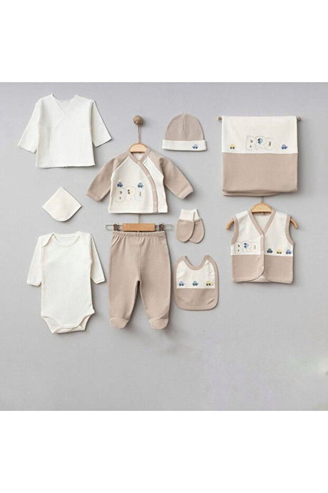 Newborn 10-Piece Cotton Baby Bodysuit Set with Car Embroidery
