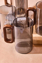 Siena 350ml Smoked Glass Mugs with Acacia Wood Handles - Set of 6