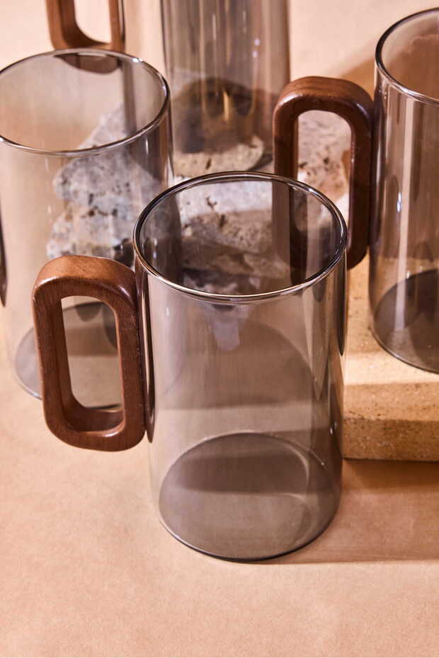 Siena 350ml Smoked Glass Mugs with Acacia Wood Handles - Set of 6