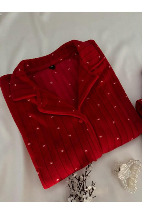 Cozy Red Heart Thermal Fleece Pajama Set - Winter Comfort
