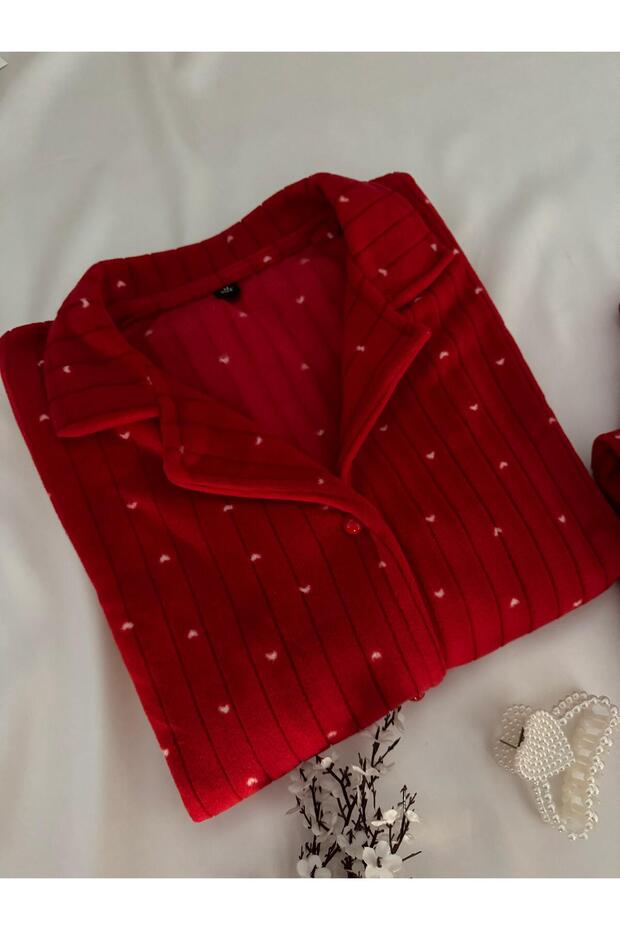 Cozy Red Heart Thermal Fleece Pajama Set - Winter Comfort