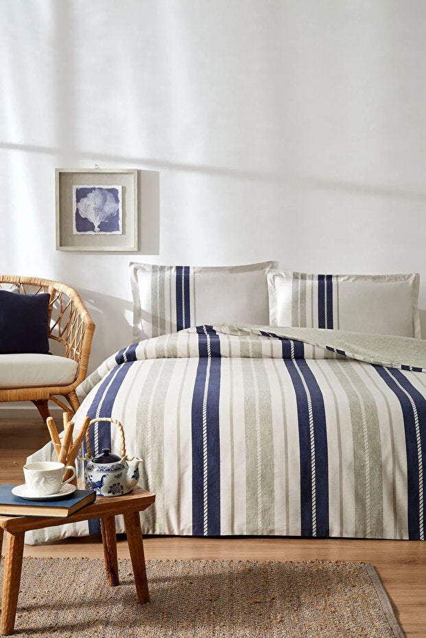 Marine Line Single Duvet Cover Set - 100% Cotton, 160x220 cm