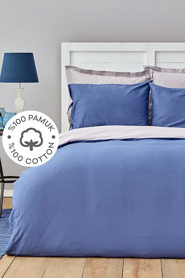 Basic Grey Indigo 100% Cotton Double-Sided Duvet Set