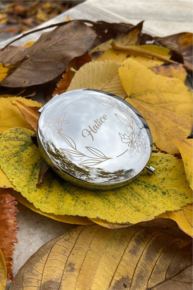Personalized Laser Engraved Silver Compact Makeup Mirror - Custom Name