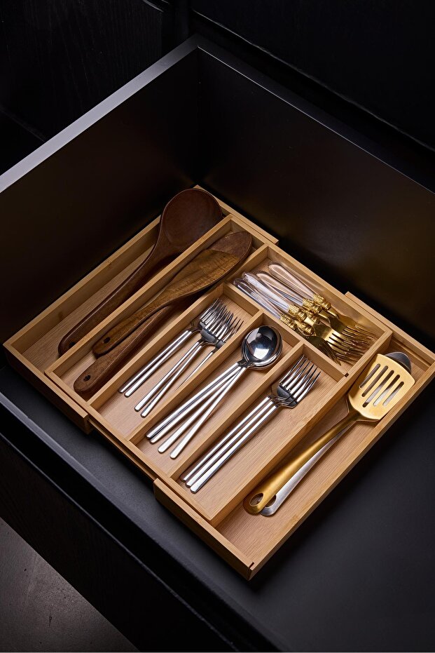 Adjustable Bamboo Drawer Organizer - Expandable Cutlery Tray