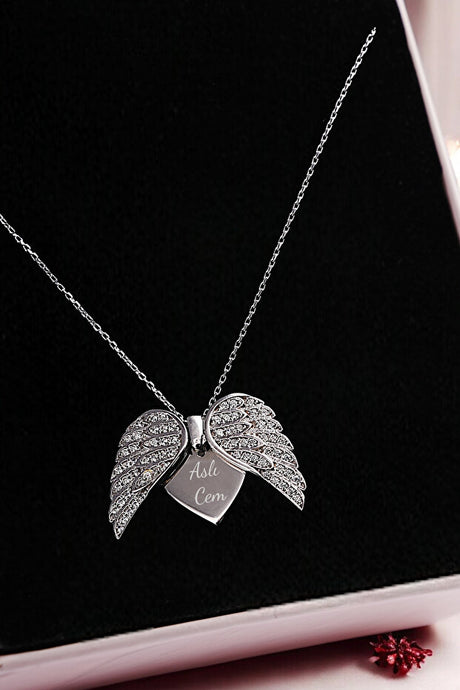 925 Sterling Silver Angel Wing Heart Necklace - Personalized Names