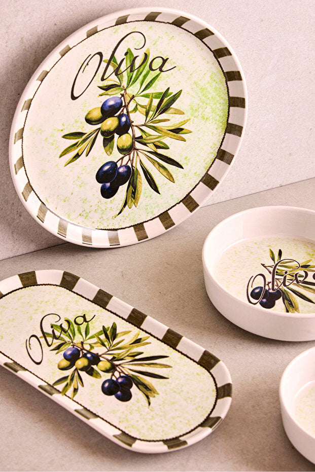 14 Piece Stackable Breakfast Set for 6 with Olive Motif & Sauce Bowls