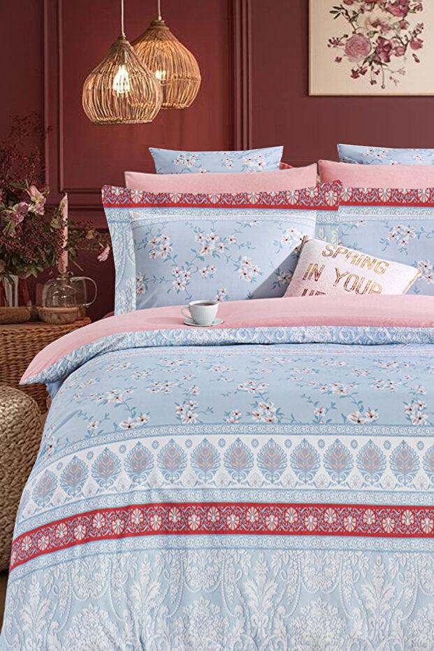 LORA BLUE Single Duvet Cover Set - Fitted Sheet & Pillowcase