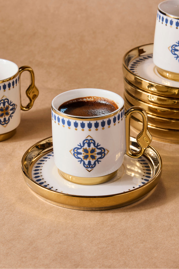6 Person Porcelain Coffee Cup Set with Elegant Blue Tile Design