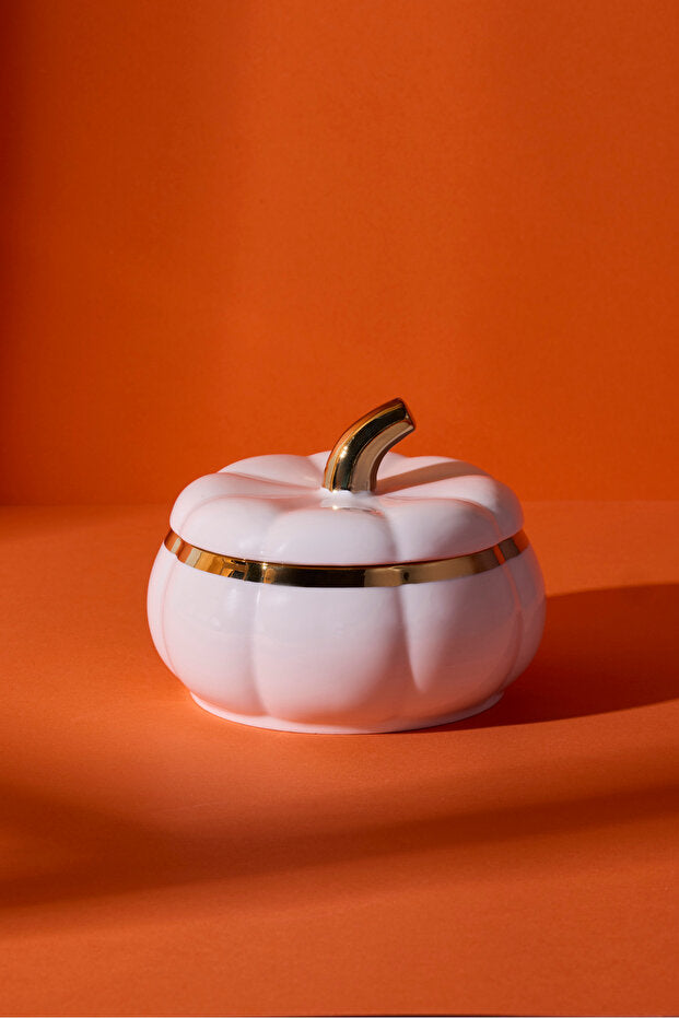Elegant White Pumpkin Porcelain Storage Jar with Gold Accent - 11.6x11.6x5 cm