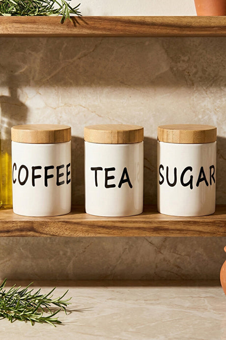 Porcelain Coffee, Tea & Sugar Canister Set with Bamboo Lids - 3 Jars